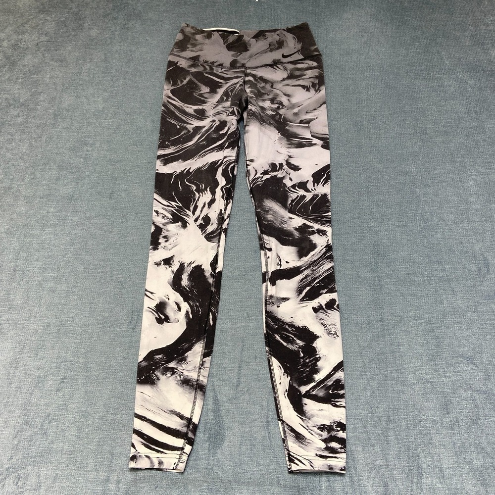 Nike Leggings Womens XS Black White Marble Print Logo Dri-Fit Pull On Activewear